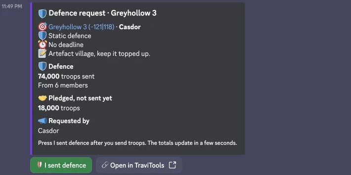 Defence request in Discord with troop totals and the I sent defence button