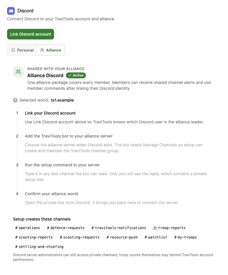 TraviTools Discord settings showing the owner setup checklist and the channels created for an alliance
