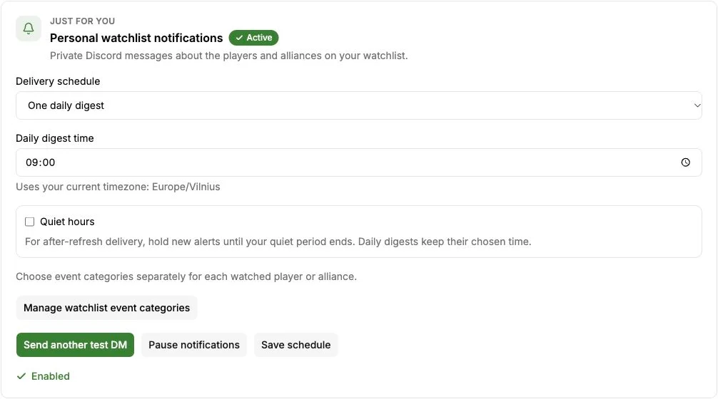 TraviTools personal Discord notification settings with daily digest time and quiet hours