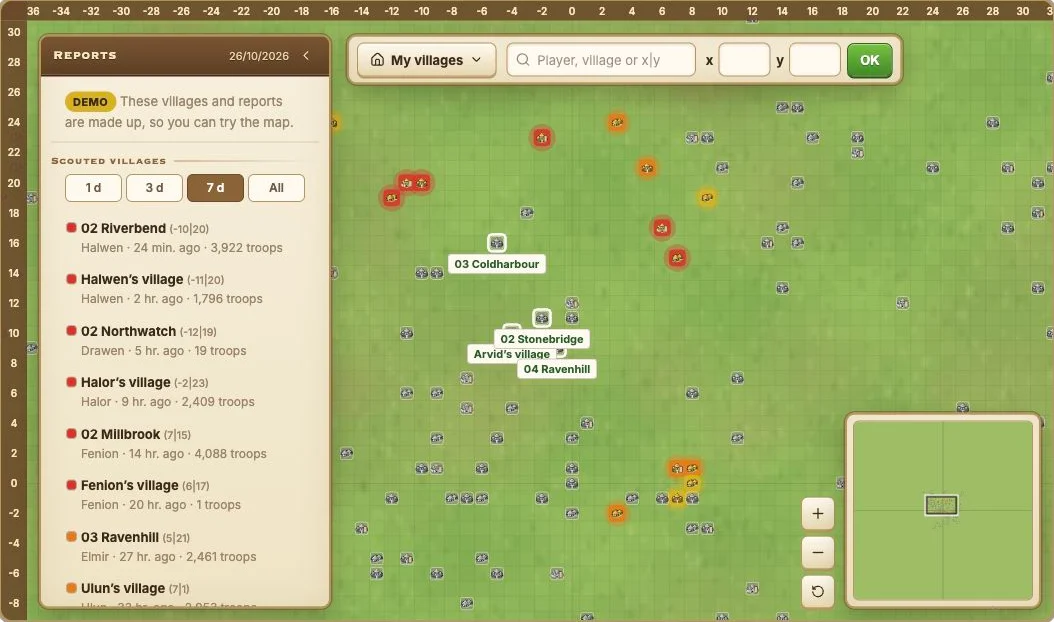 TraviTools Scouting map showing report freshness and scouted villages on a coordinate grid