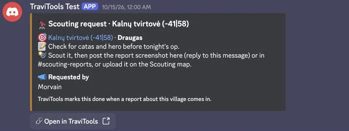 Discord scouting request with target coordinates and instructions to reply with a report screenshot