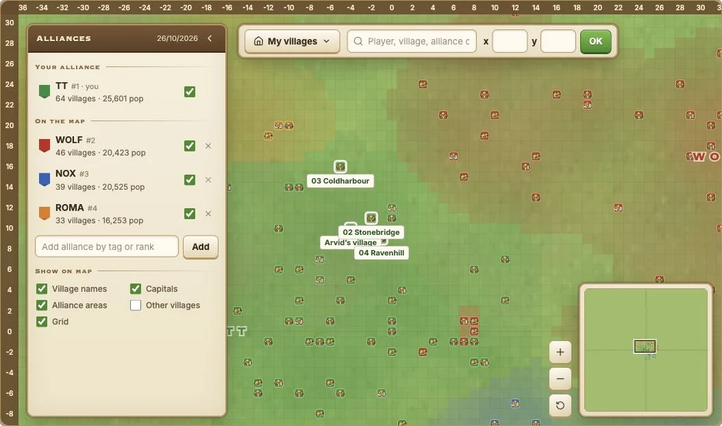 TraviTools world map with village positions and coordinate search