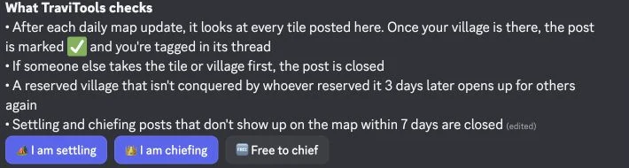 Discord settling and chiefing buttons below daily map-check and claim expiry instructions