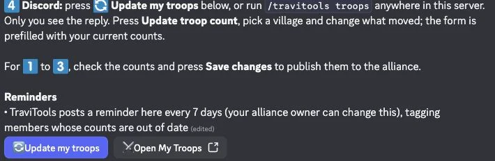 Discord troop update instructions with the Update my troops button and private command