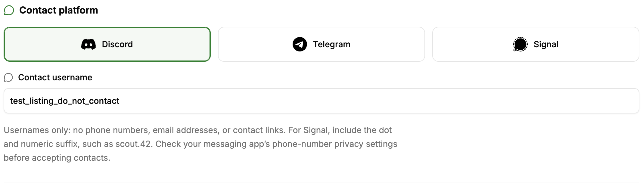 Discord, Telegram, and Signal choices with a dedicated contact username field