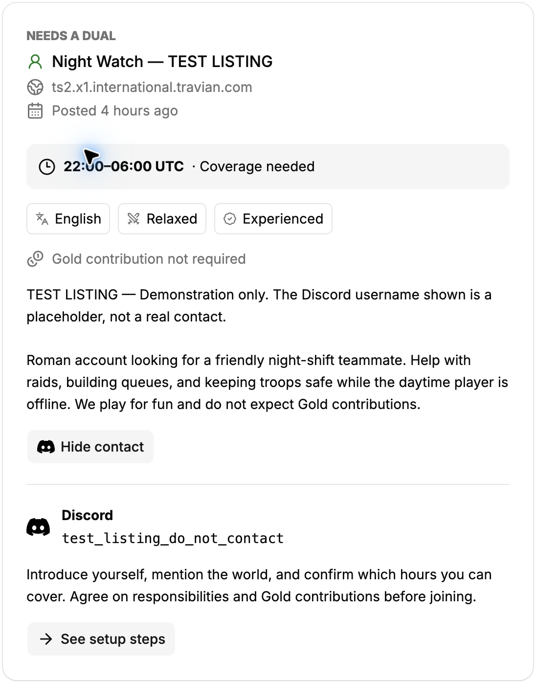 Dual Finder test listing showing overnight UTC coverage, play preferences, and expanded Discord contact details
