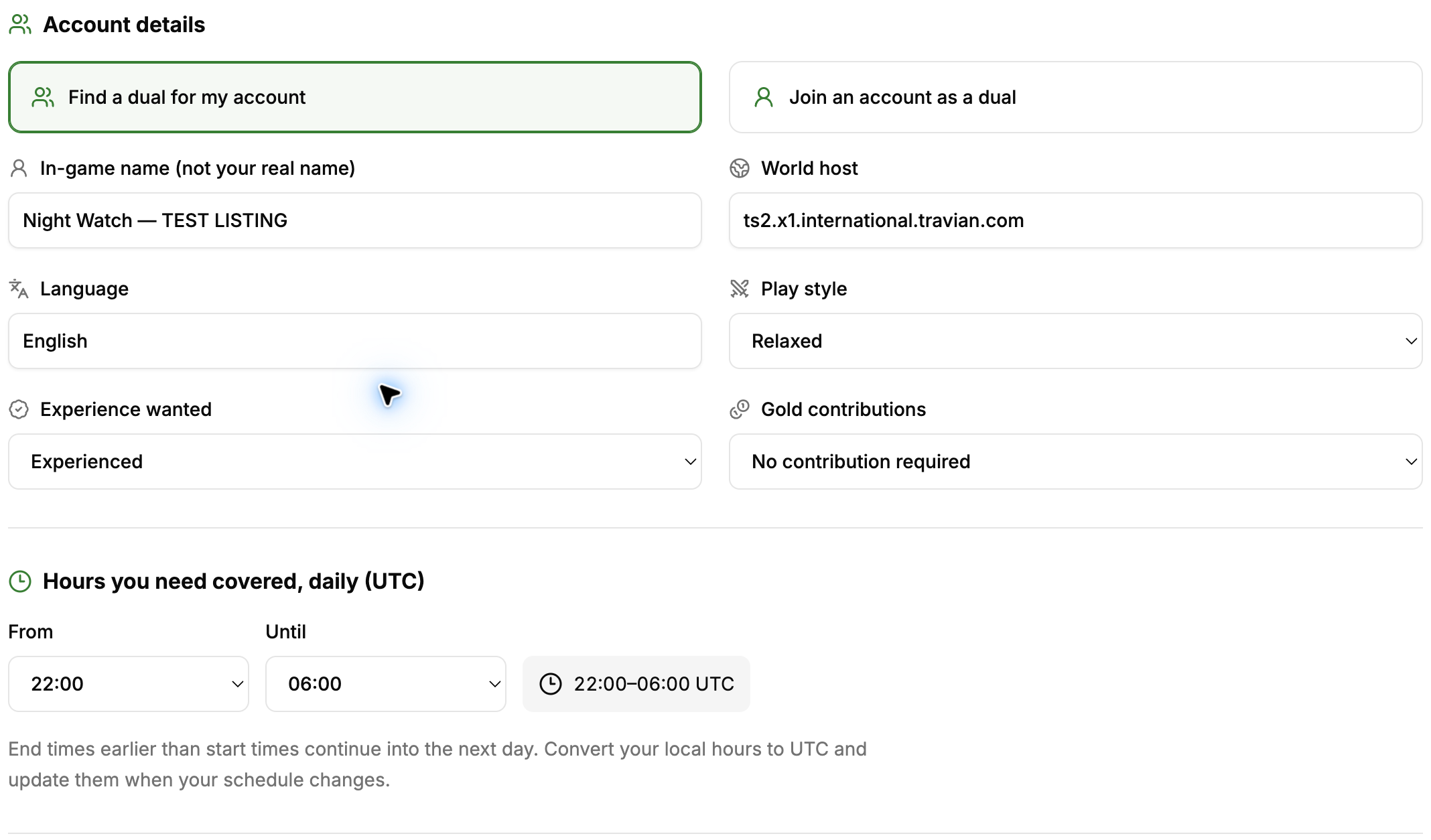 Dual Finder form with account role, world, language, experience, Gold preferences, and UTC coverage fields