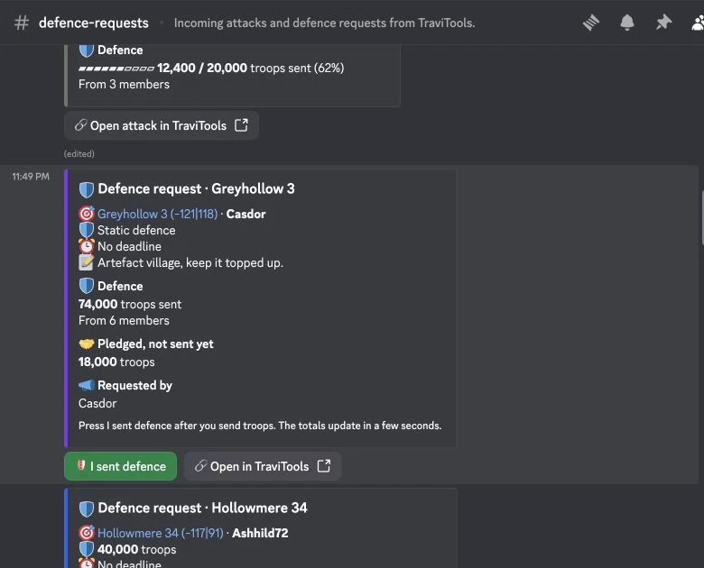 Actual Discord test-server defence request for Greyhollow 3 showing 74,000 troops sent, 18,000 pledged and an I sent defence button