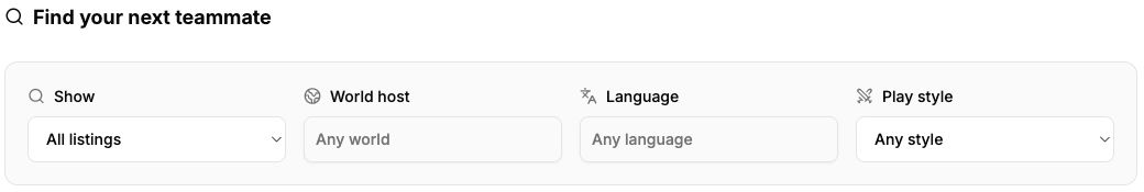 Dual Finder filters for listing type, world host, language, and play style