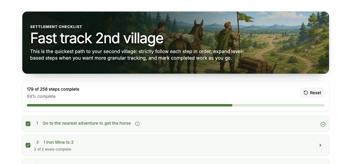 Signed-in second-village checklist showing saved progress, a progress bar, and completed build steps