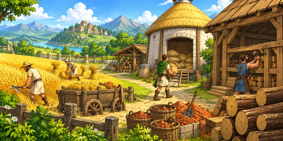 A farmer brings crops into a resource yard while a carpenter expands storage beside a warehouse and granary.
