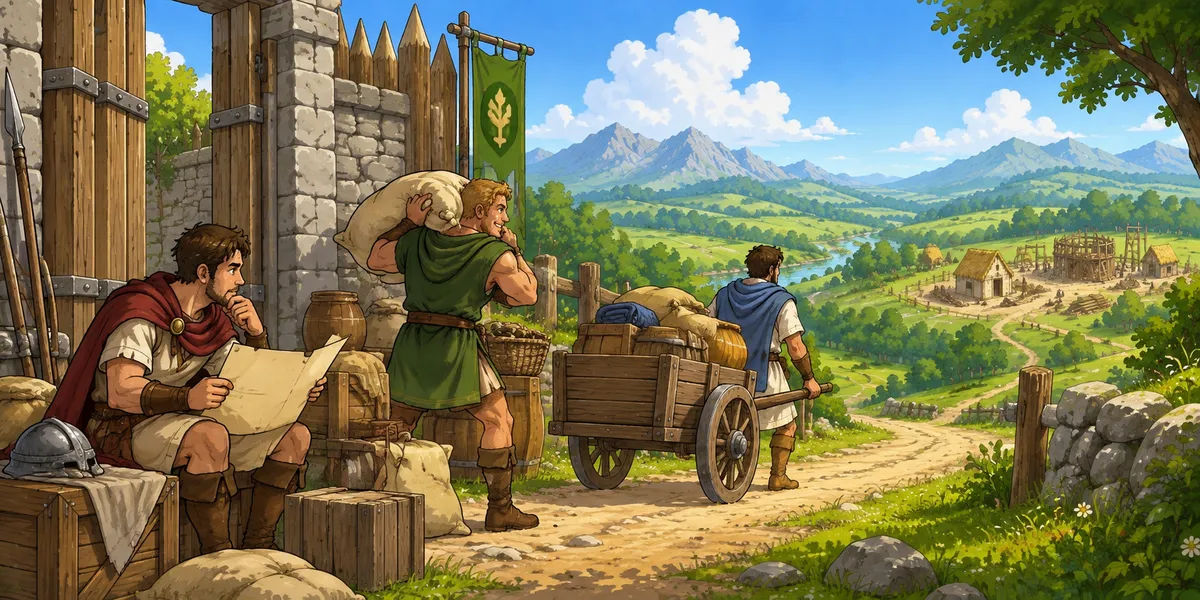 Settlers gather supplies and a handcart at a village gate before travelling to a new settlement.