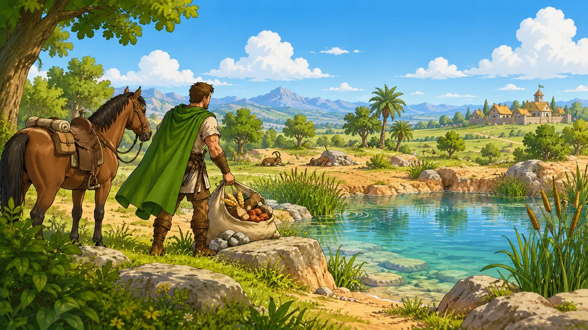 A Travian hero beside his horse at a small oasis, carrying a bundle of recovered resources after an early clear.